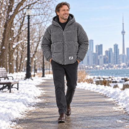 puffer jacket — Usa and Canada October–December 2; Gray; complete product worn by a happy adult model — view 7