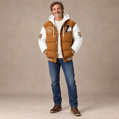 Men's Hooded Puffer Jacket — Emmett Caramel Brown White
