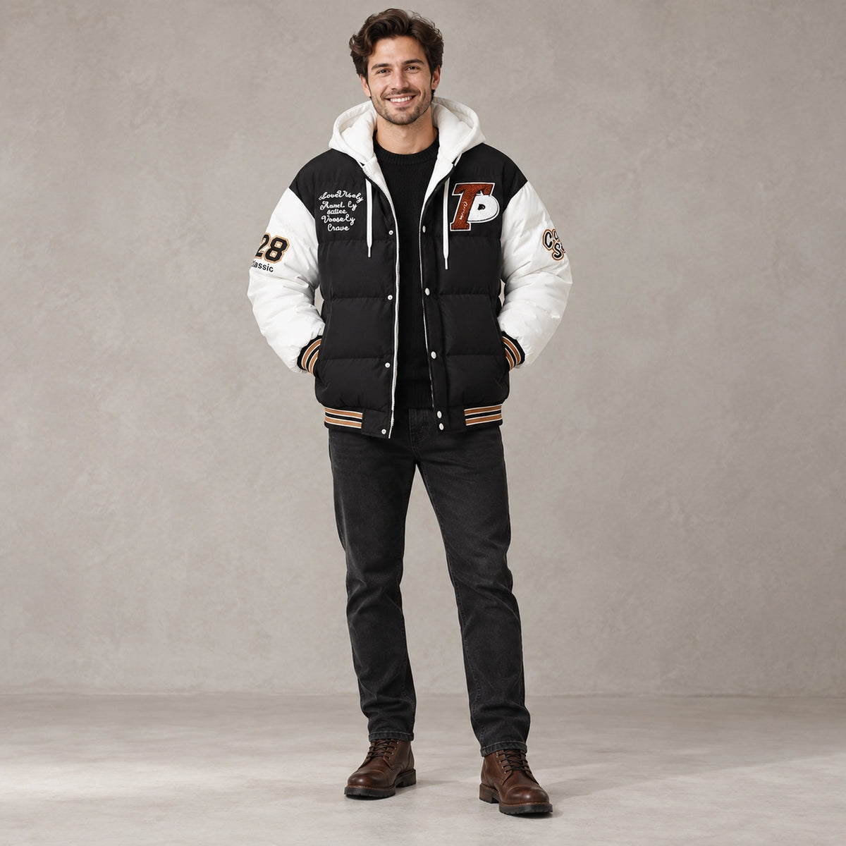 Men's Hooded Puffer Jacket — Emmett Black White front — view 2