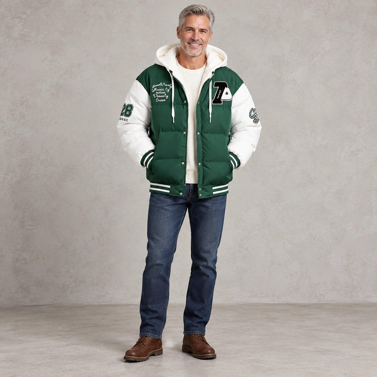 Men's Hooded Puffer Jacket — Emmett Green White front — view 3