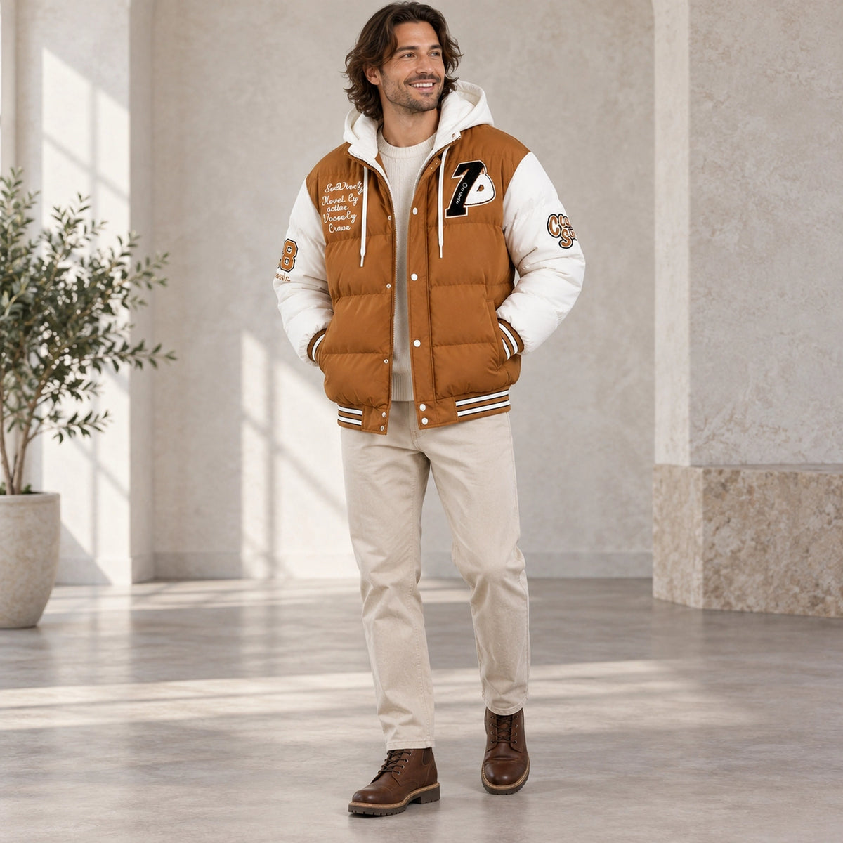 Men's Hooded Puffer Jacket — Emmett Caramel Brown White three quarter view — view 4