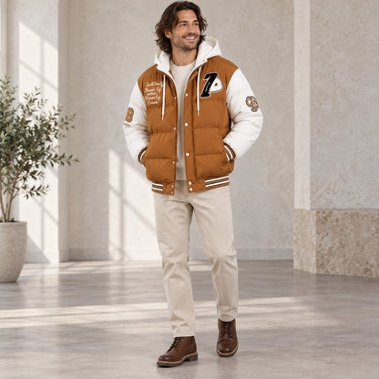 Men's Hooded Puffer Jacket — Emmett Caramel Brown White three quarter view — view 4
