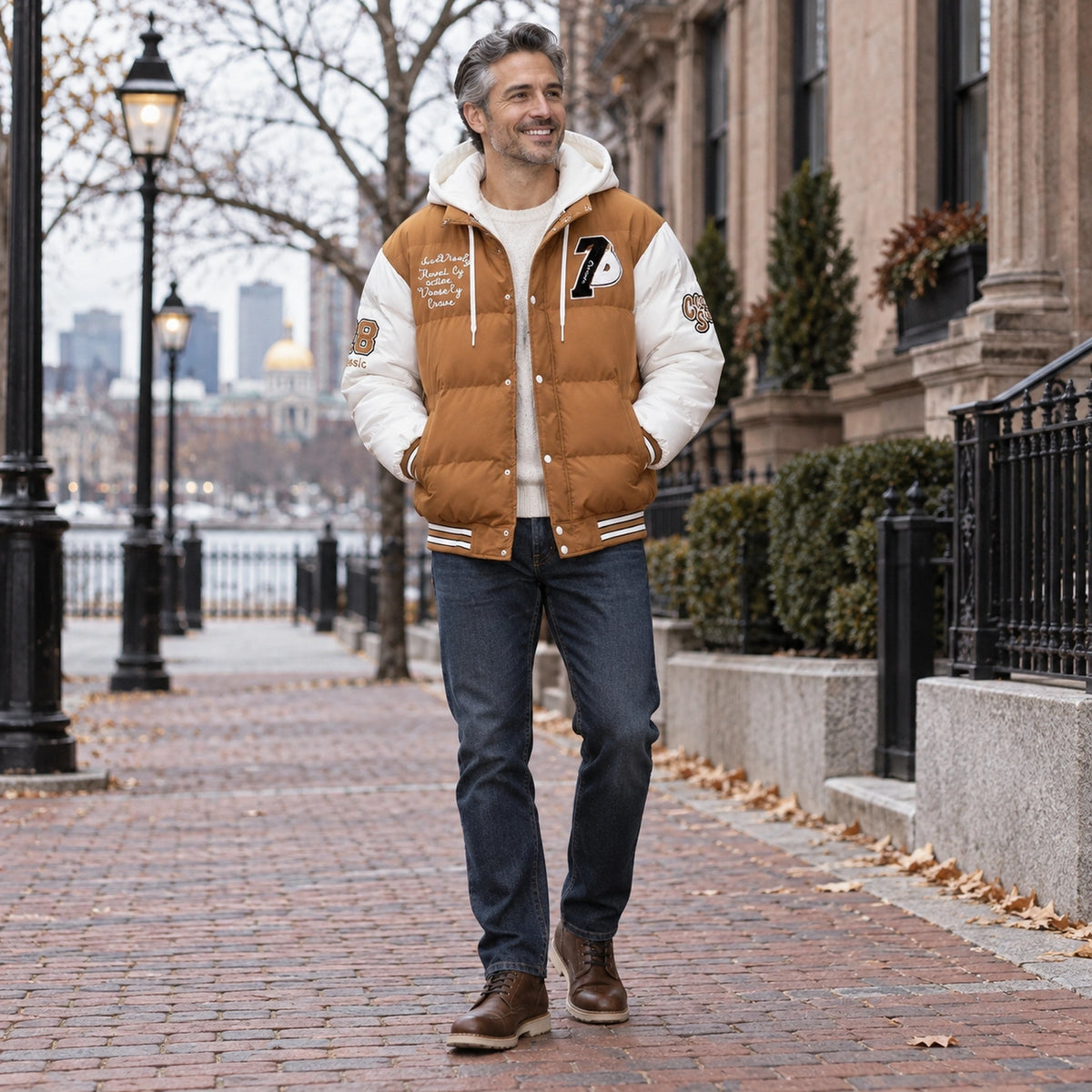 Men's Hooded Puffer Jacket — Emmett Caramel Brown White 1 — view 6