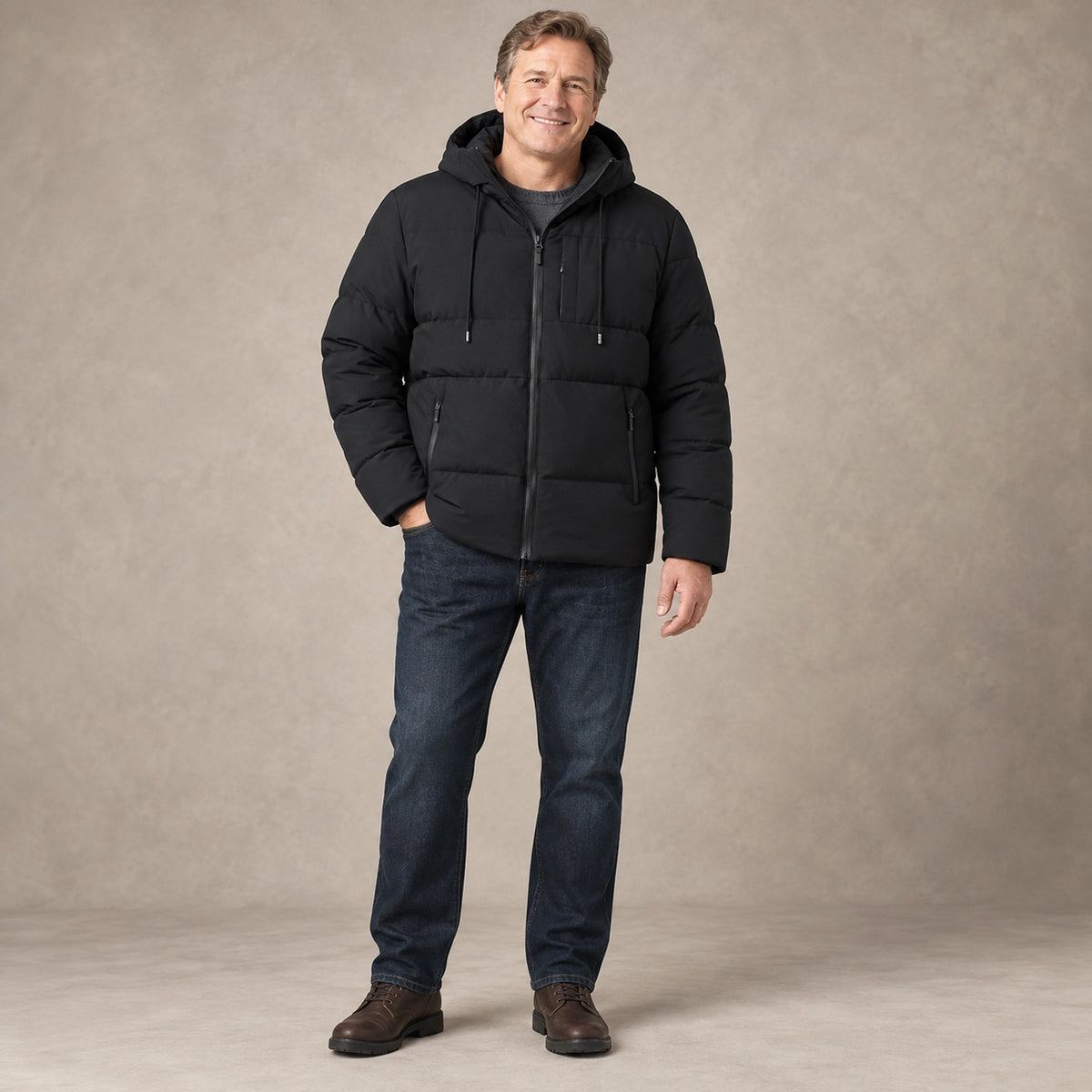 puffer jacket — Image; full front view; Black; complete product worn by a happy adult model