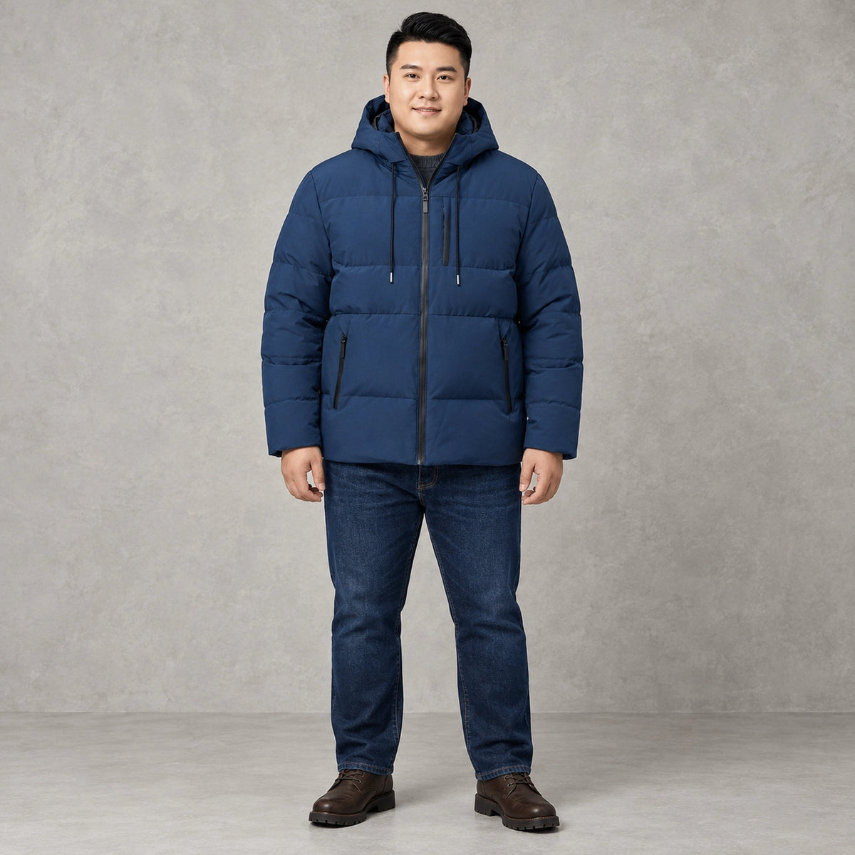 puffer jacket — Full front view; Navy Blue; complete product worn by a happy adult model — view 2