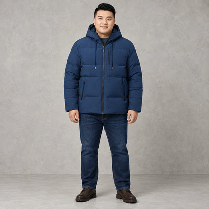 puffer jacket — Full front view; Navy Blue; complete product worn by a happy adult model — view 2