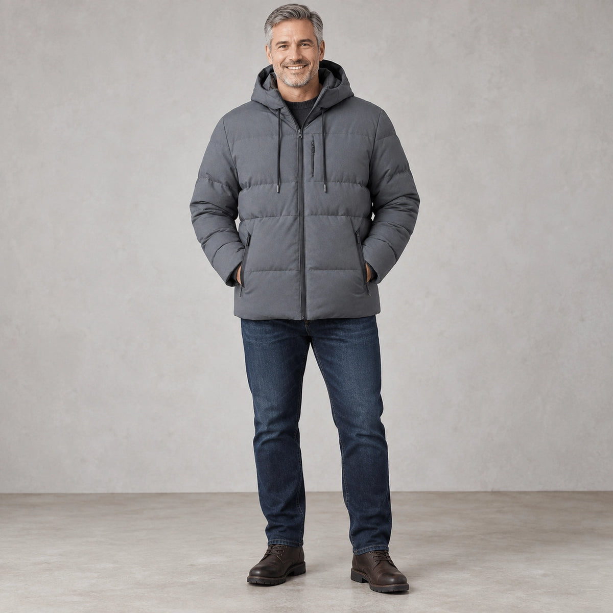 puffer jacket — Full front view; Gray; complete product worn by a happy adult model — view 3