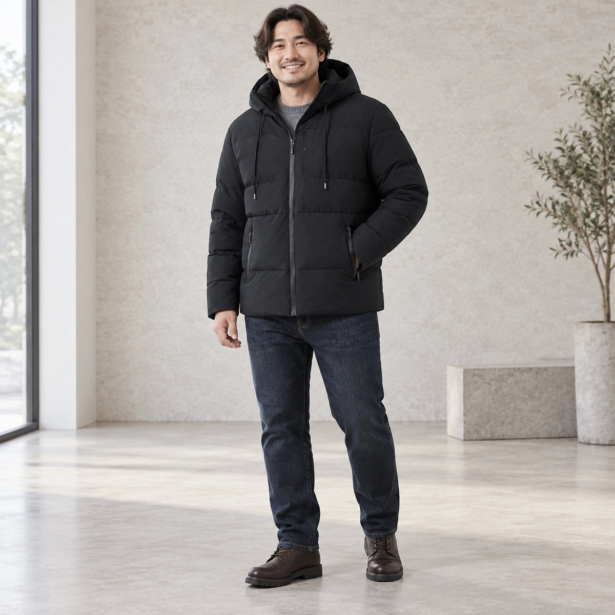 puffer jacket — Usa and Canada October–December three quarter view; Black; complete product worn by a happy adult — view 4