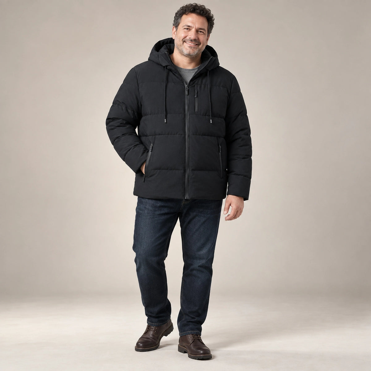 puffer jacket — Usa and Canada October–December alternate angle; Black; complete product worn by a happy adult model — view 5