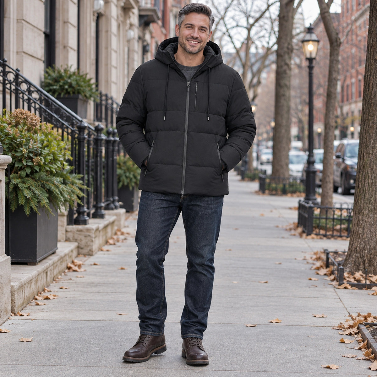 puffer jacket — Usa and Canada October–December 1; Black; complete product worn by a happy adult model — view 6