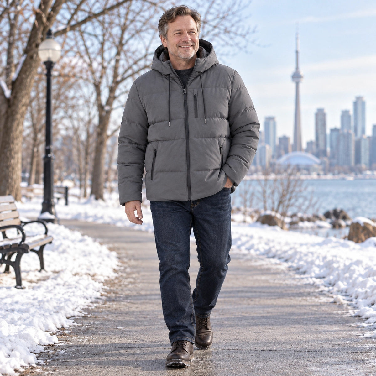 puffer jacket — Usa and Canada October–December 2; Gray; complete product worn by a happy adult model — view 7