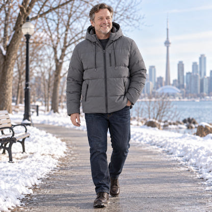 puffer jacket — Usa and Canada October–December 2; Gray; complete product worn by a happy adult model — view 7