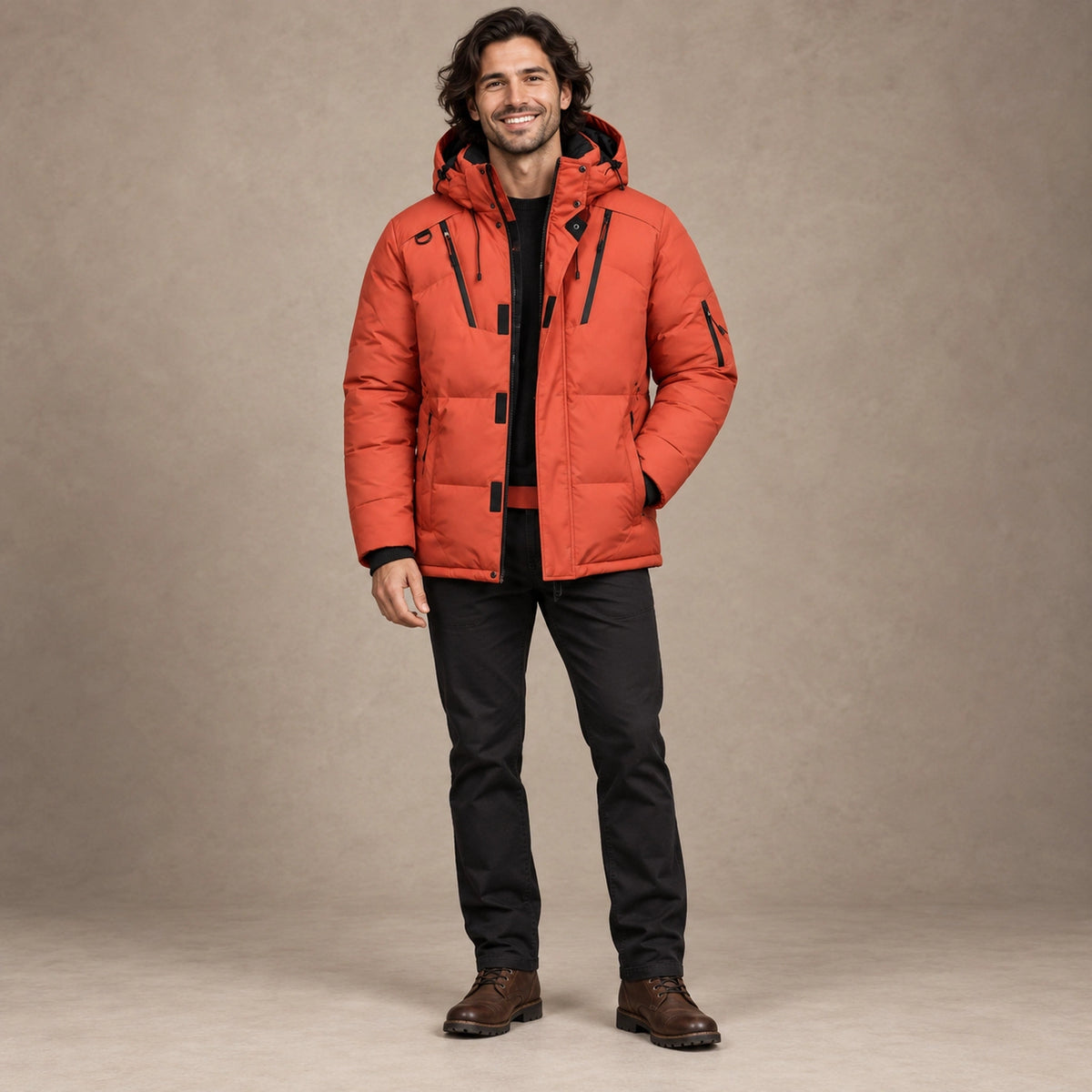 puffer jacket — Image; full front view; Orange; complete product worn by a happy adult model
