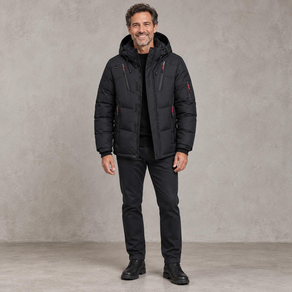 puffer jacket — Full front view; Black; complete product worn by a happy adult model — view 2