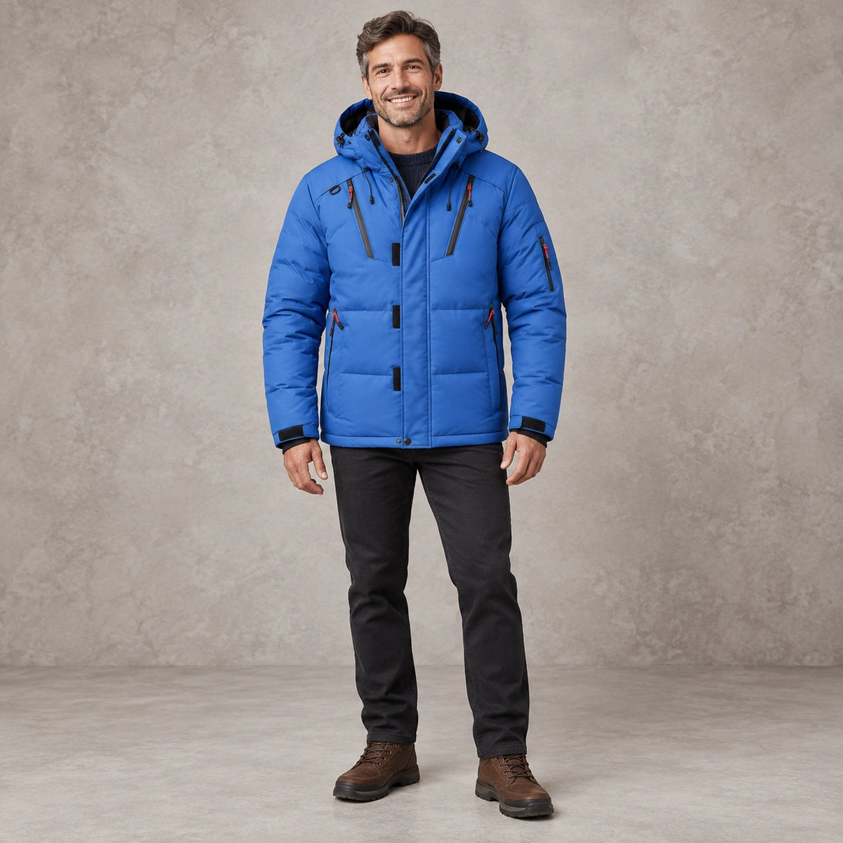 puffer jacket — Full front view; Blue; complete product worn by a happy adult model — view 3