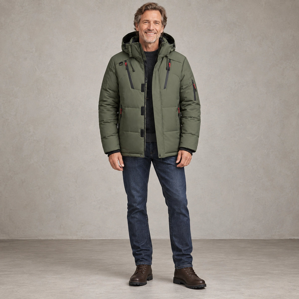 puffer jacket — Full front view; Olive Green; complete product worn by a happy adult model — view 4