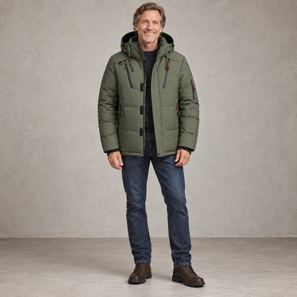 puffer jacket — Full front view; Olive Green; complete product worn by a happy adult model — view 4