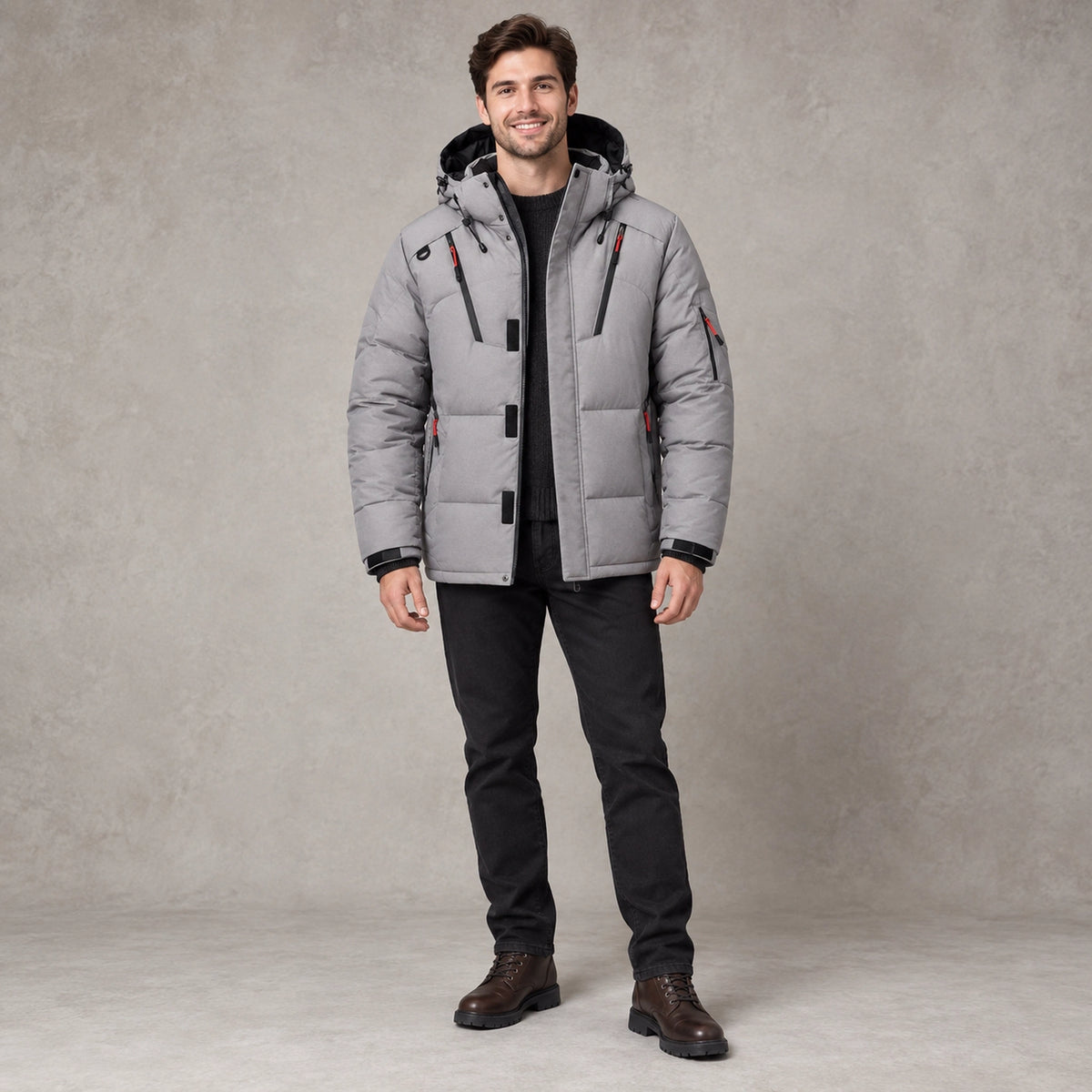 puffer jacket — Full front view; Gray; complete product worn by a happy adult model — view 5