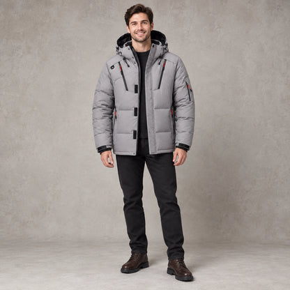 puffer jacket — Full front view; Gray; complete product worn by a happy adult model — view 5