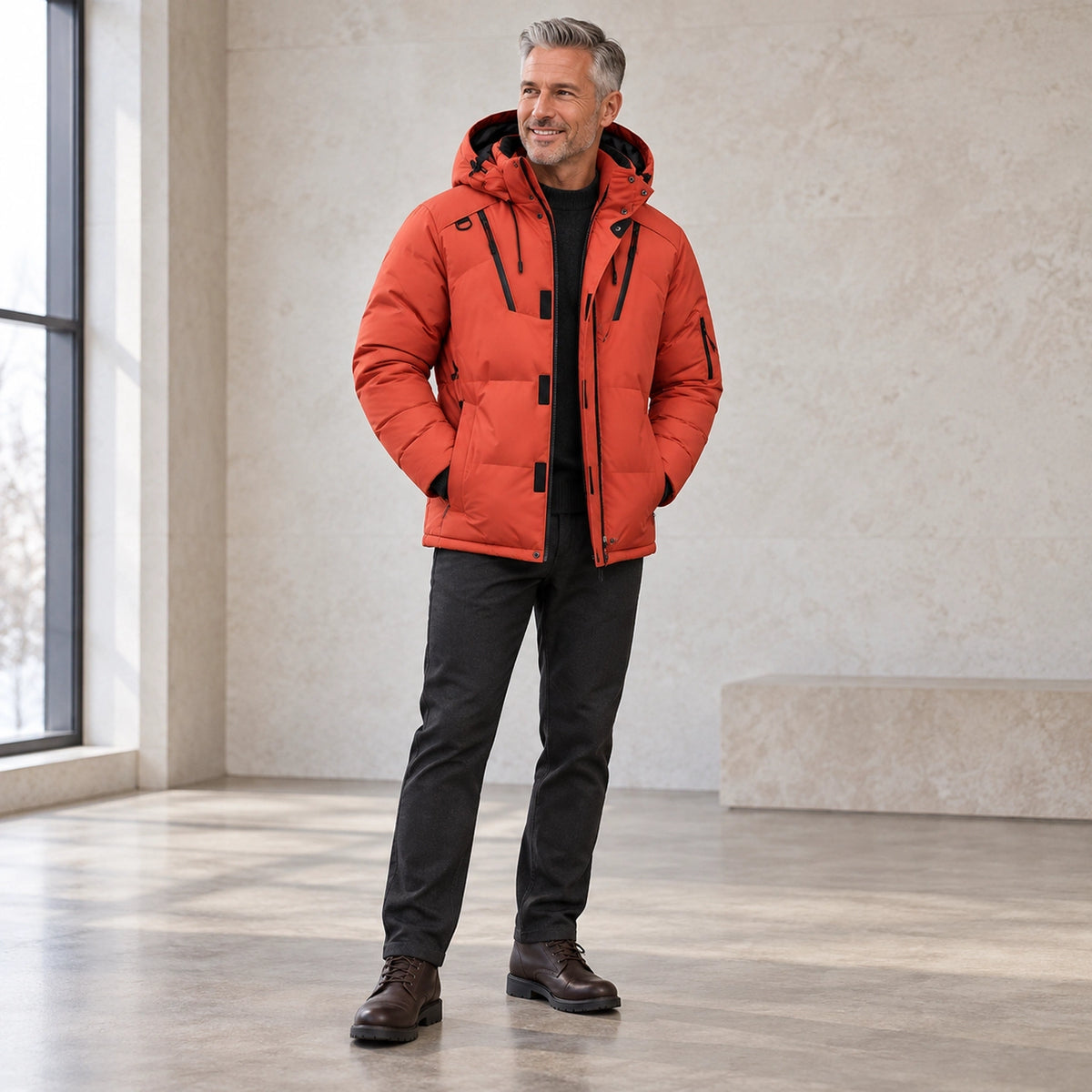 puffer jacket — Usa and Canada October–December three quarter view; Orange; complete product worn by a happy adult — view 6