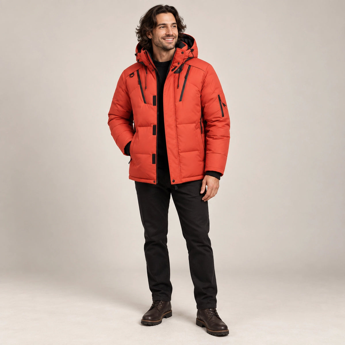 puffer jacket — Usa and Canada October–December alternate angle; Orange; complete product worn by a happy adult — view 7