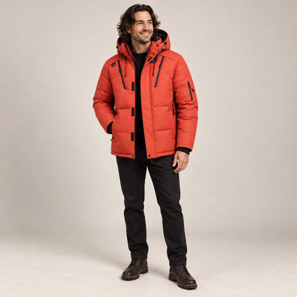 puffer jacket — Usa and Canada October–December alternate angle; Orange; complete product worn by a happy adult — view 7
