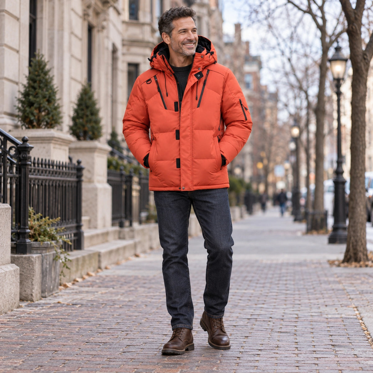 puffer jacket — Usa and Canada October–December 1; Orange; complete product worn by a happy adult model — view 8