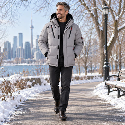 puffer jacket — Usa and Canada October–December 2; Gray; complete product worn by a happy adult model — view 9