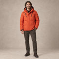puffer jacket — Image; full front view; Orange; complete product worn by a happy adult model