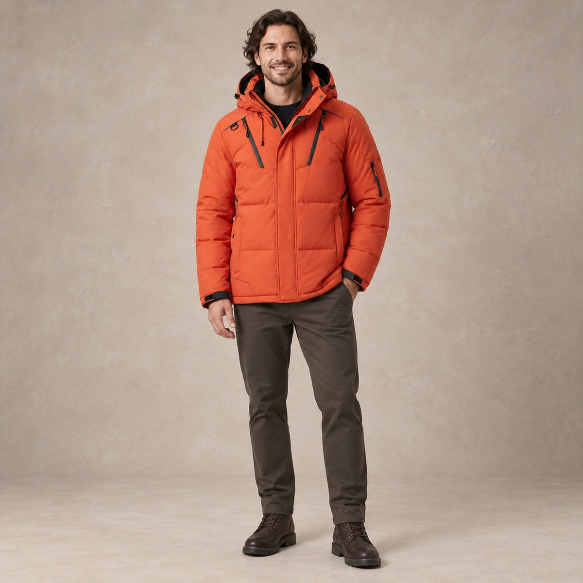 puffer jacket — Image; full front view; Orange; complete product worn by a happy adult model