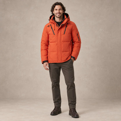 puffer jacket — Image; full front view; Orange; complete product worn by a happy adult model