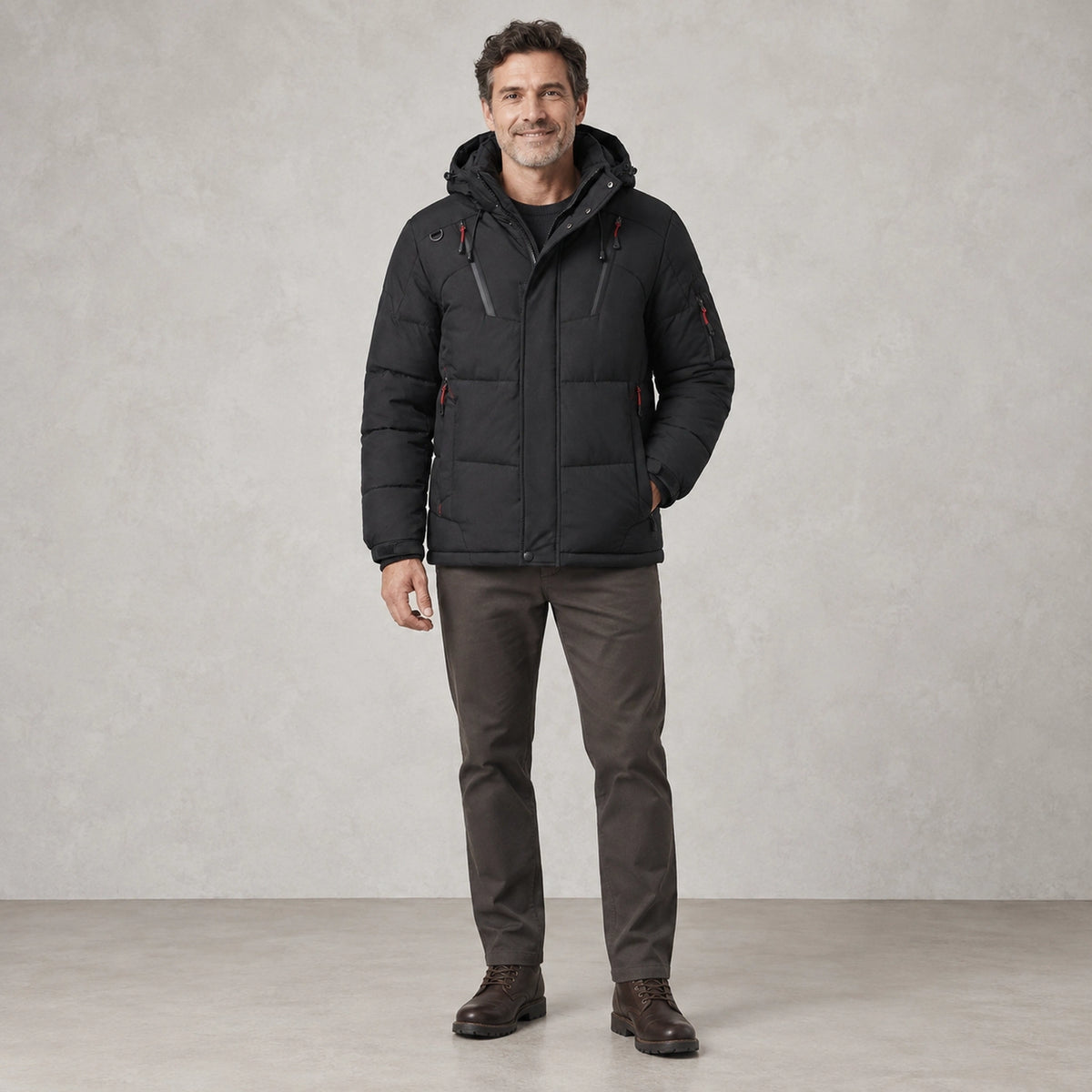 puffer jacket — Full front view; Black; complete product worn by a happy adult model — view 2