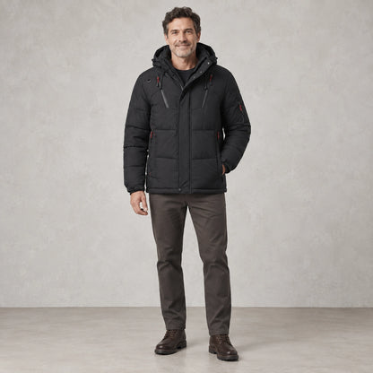 puffer jacket — Full front view; Black; complete product worn by a happy adult model — view 2