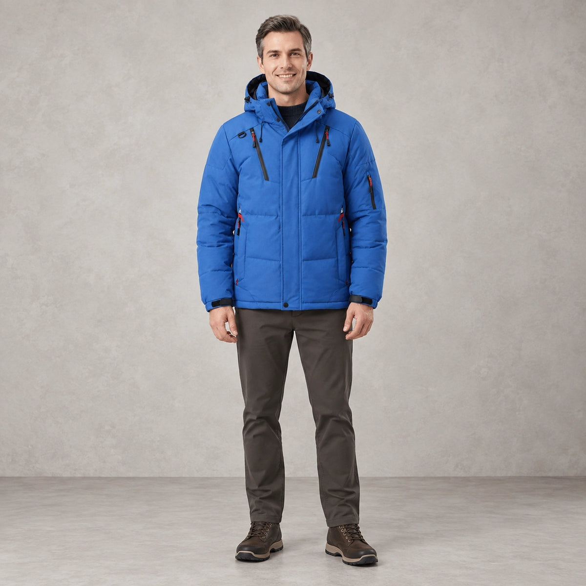 puffer jacket — Full front view; Blue; complete product worn by a happy adult model — view 3