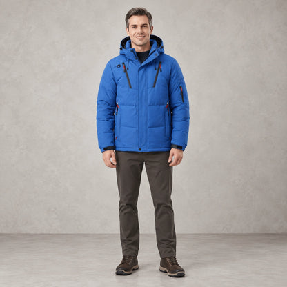 puffer jacket — Full front view; Blue; complete product worn by a happy adult model — view 3