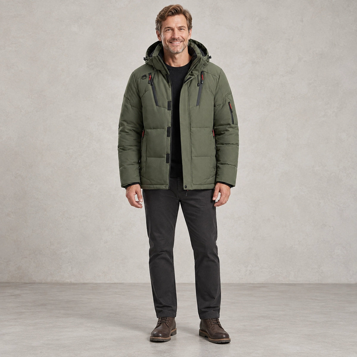 puffer jacket — Full front view; Olive Green; complete product worn by a happy adult model — view 4