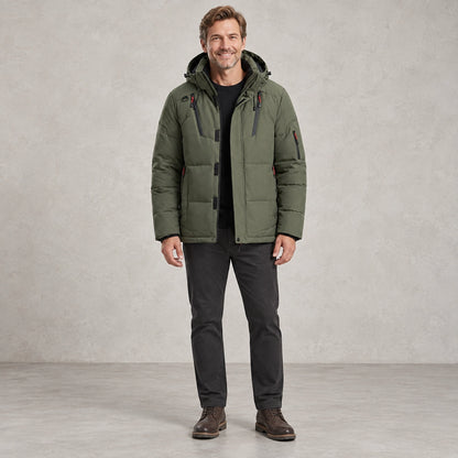 puffer jacket — Full front view; Olive Green; complete product worn by a happy adult model — view 4