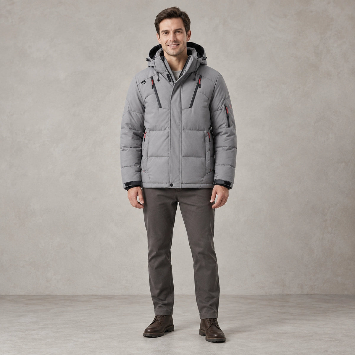 puffer jacket — Full front view; Gray; complete product worn by a happy adult model — view 5