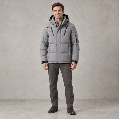 puffer jacket — Full front view; Gray; complete product worn by a happy adult model — view 5