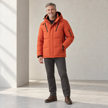 puffer jacket — Usa and Canada October–December three quarter view; Orange; complete product worn by a happy adult — view 6