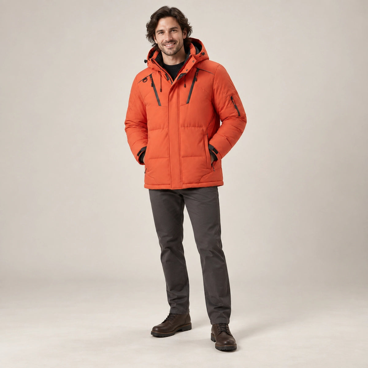 puffer jacket — Usa and Canada October–December alternate angle; Orange; complete product worn by a happy adult — view 7