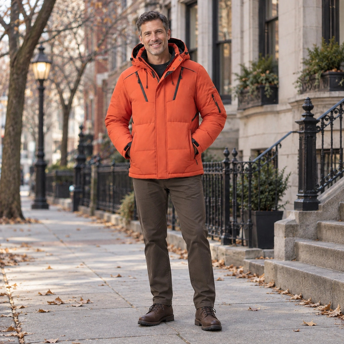 puffer jacket — Usa and Canada October–December 1; Orange; complete product worn by a happy adult model — view 8
