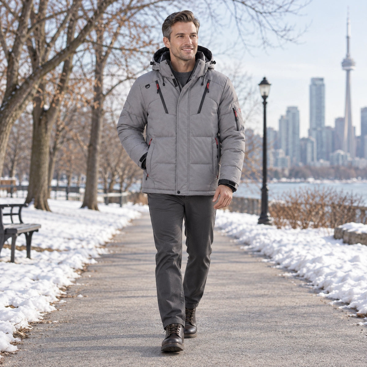 puffer jacket — Usa and Canada October–December 2; Gray; complete product worn by a happy adult model — view 9