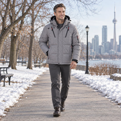 puffer jacket — Usa and Canada October–December 2; Gray; complete product worn by a happy adult model — view 9