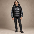 puffer jacket — Image; full front view; Black; complete product worn by a happy adult model