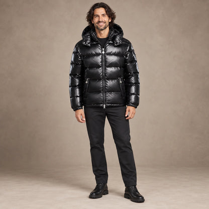 puffer jacket — Image; full front view; Black; complete product worn by a happy adult model