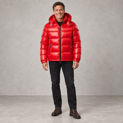 puffer jacket — Full front view; Red; complete product worn by a happy adult model — view 2