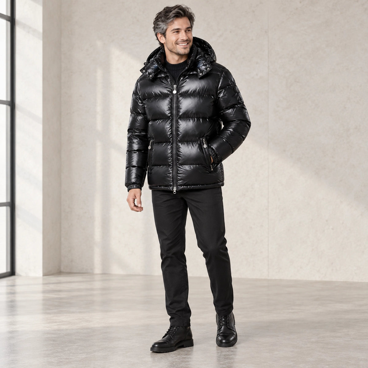 puffer jacket — Usa and Canada October–December three quarter view; Black; complete product worn by a happy adult — view 3