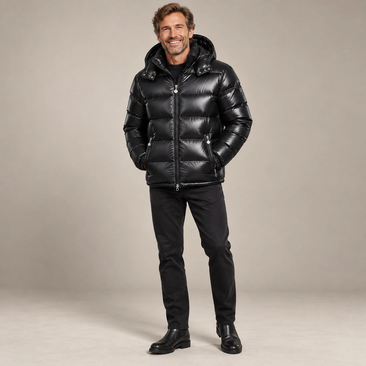 puffer jacket — Usa and Canada October–December alternate angle; Black; complete product worn by a happy adult model — view 4