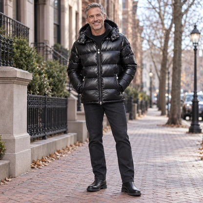 puffer jacket — Usa and Canada October–December 1; Black; complete product worn by a happy adult model — view 6